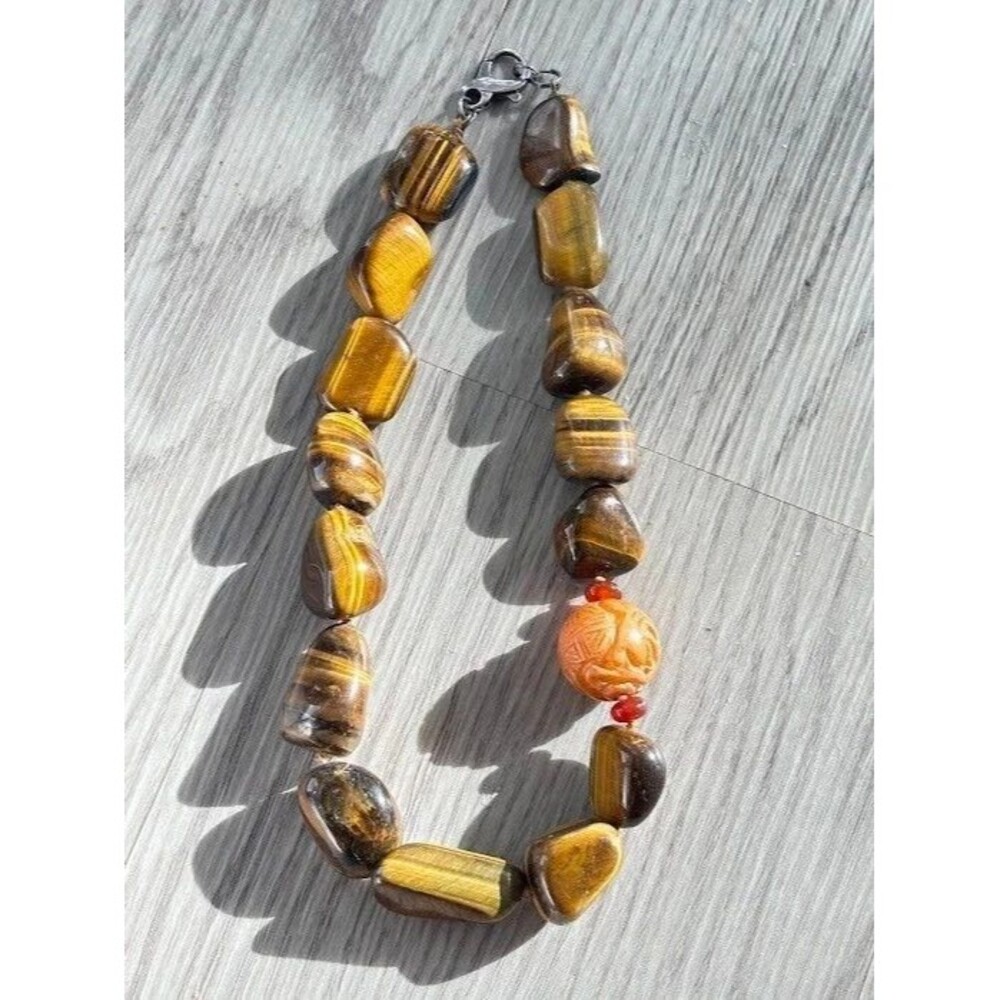 Vintage Sterling Silver Tiger’s Eye Necklace Hand Knotted Shou Bead 17" Chinese - Picture 8 of 16